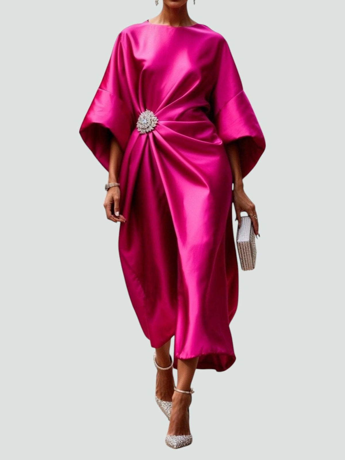Satin Wrap Midi Dress with Batwing Sleeves for Women - Pink
