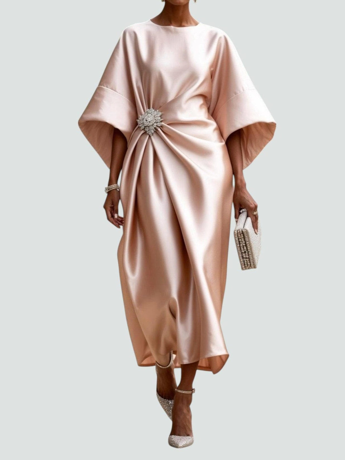 Satin Wrap Midi Dress with Batwing Sleeves for Women - Beige