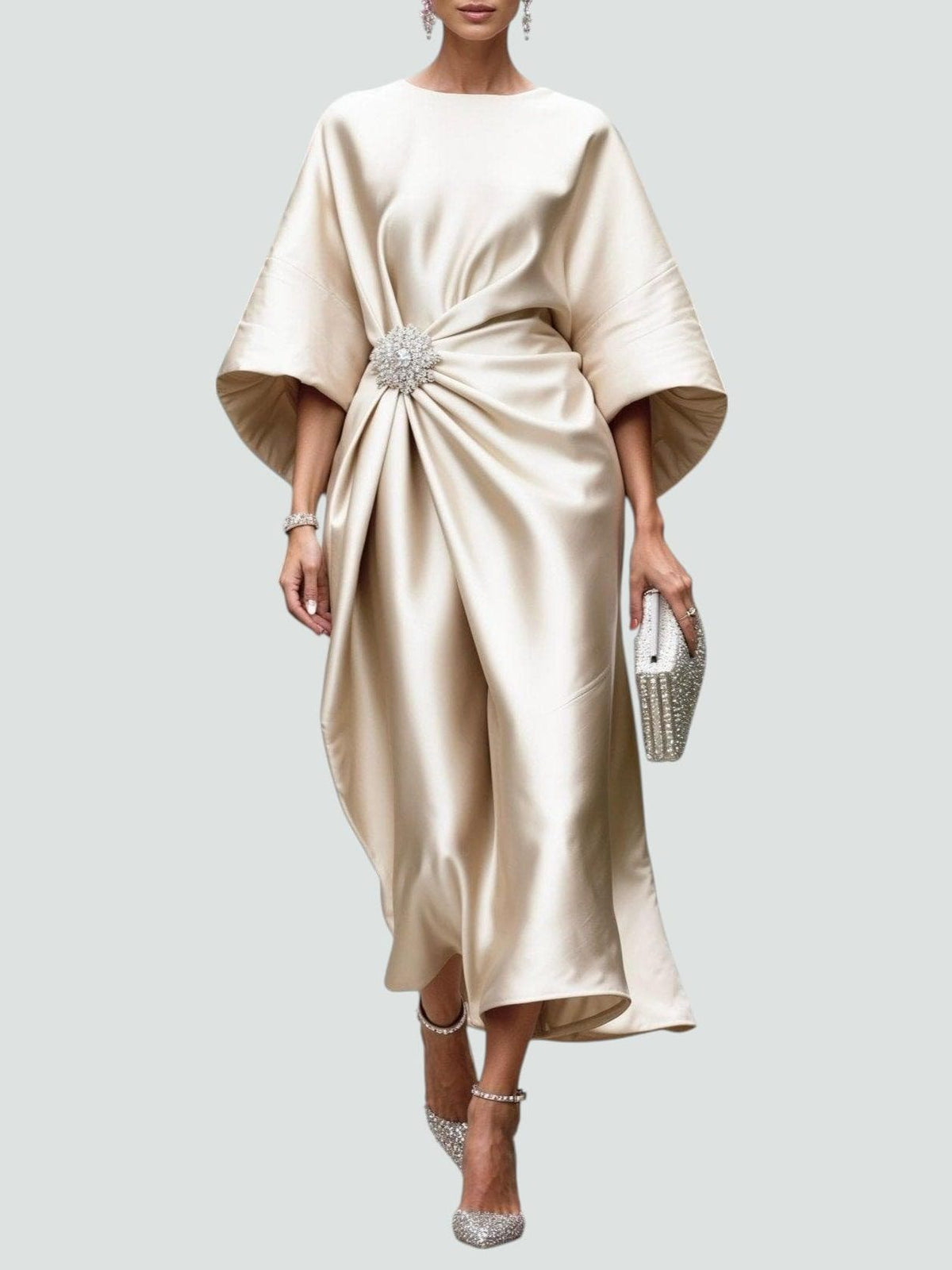 Satin Wrap Midi Dress with Batwing Sleeves for Women - Khaki