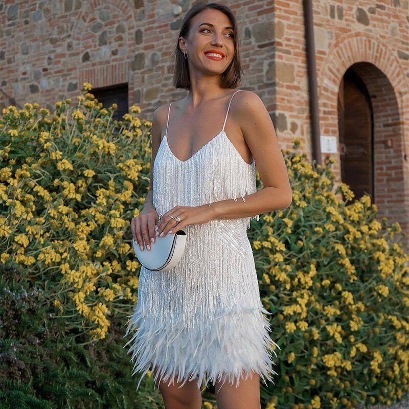 Sequin Cocktail Mini Dress with Feather Hem for Women - White