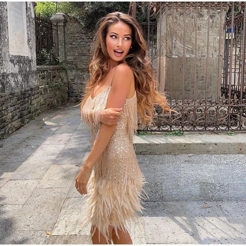 Sequin Cocktail Mini Dress with Feather Hem for Women - View 3