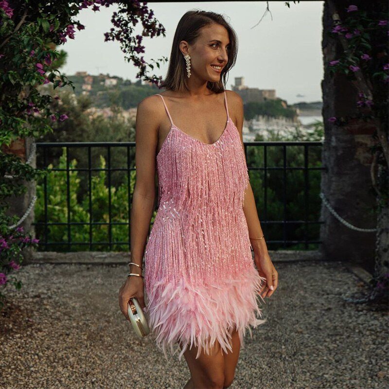 Sequin Cocktail Mini Dress with Feather Hem for Women - View 4