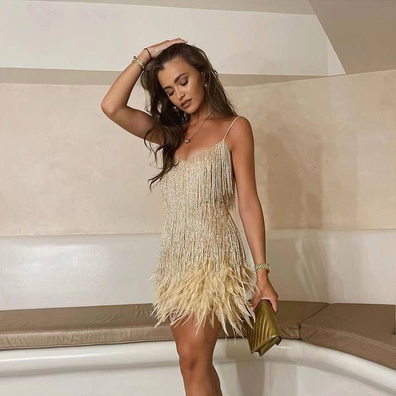 Sequin Cocktail Mini Dress with Feather Hem for Women - Gold