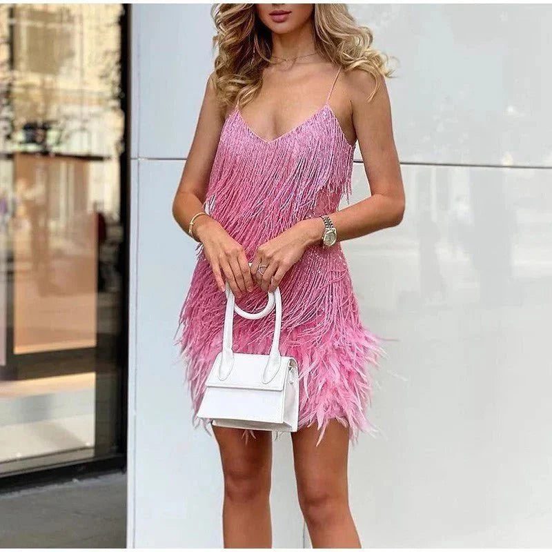Sequin Cocktail Mini Dress with Feather Hem for Women - Pink