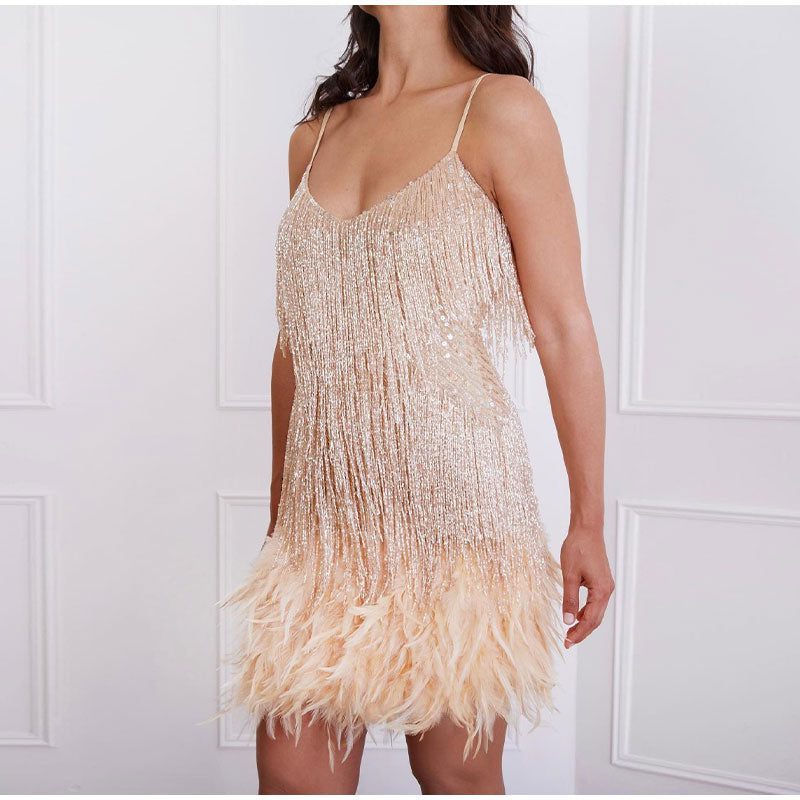 Sequin Cocktail Mini Dress with Feather Hem for Women - Rose Gold