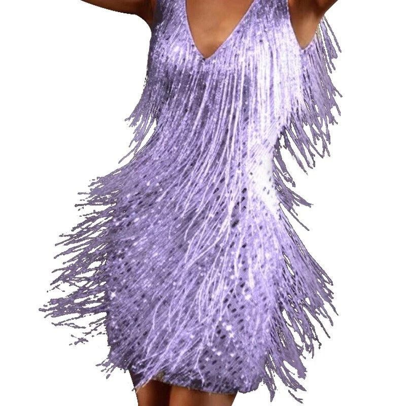 Sequin Fringe Cocktail Mini Dress for Women - Purple