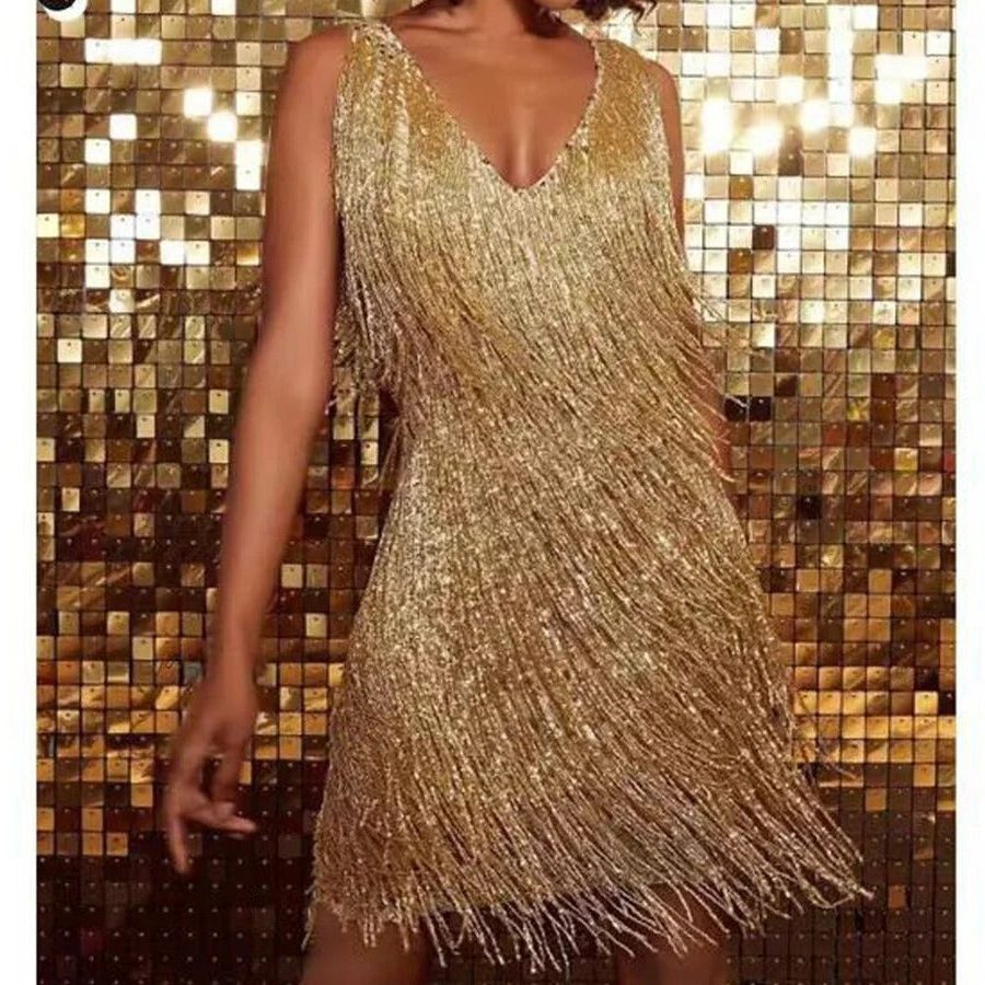 Sequin Fringe Cocktail Mini Dress for Women - Gold