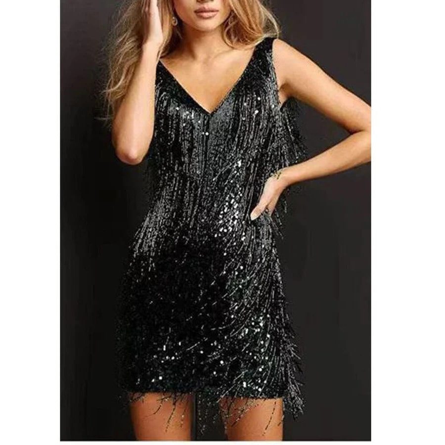 Sequin Fringe Cocktail Mini Dress for Women - Black