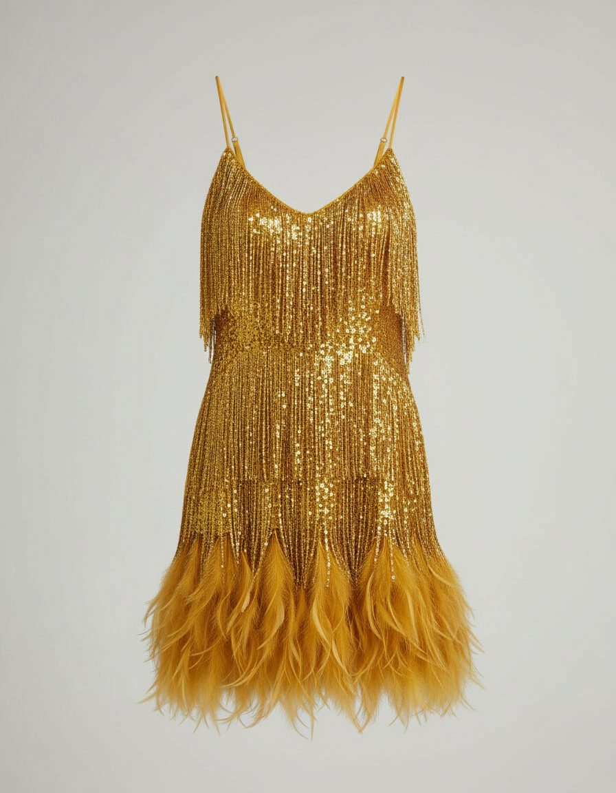 Sequin Fringe Mini Cocktail Dress for Women - Gold