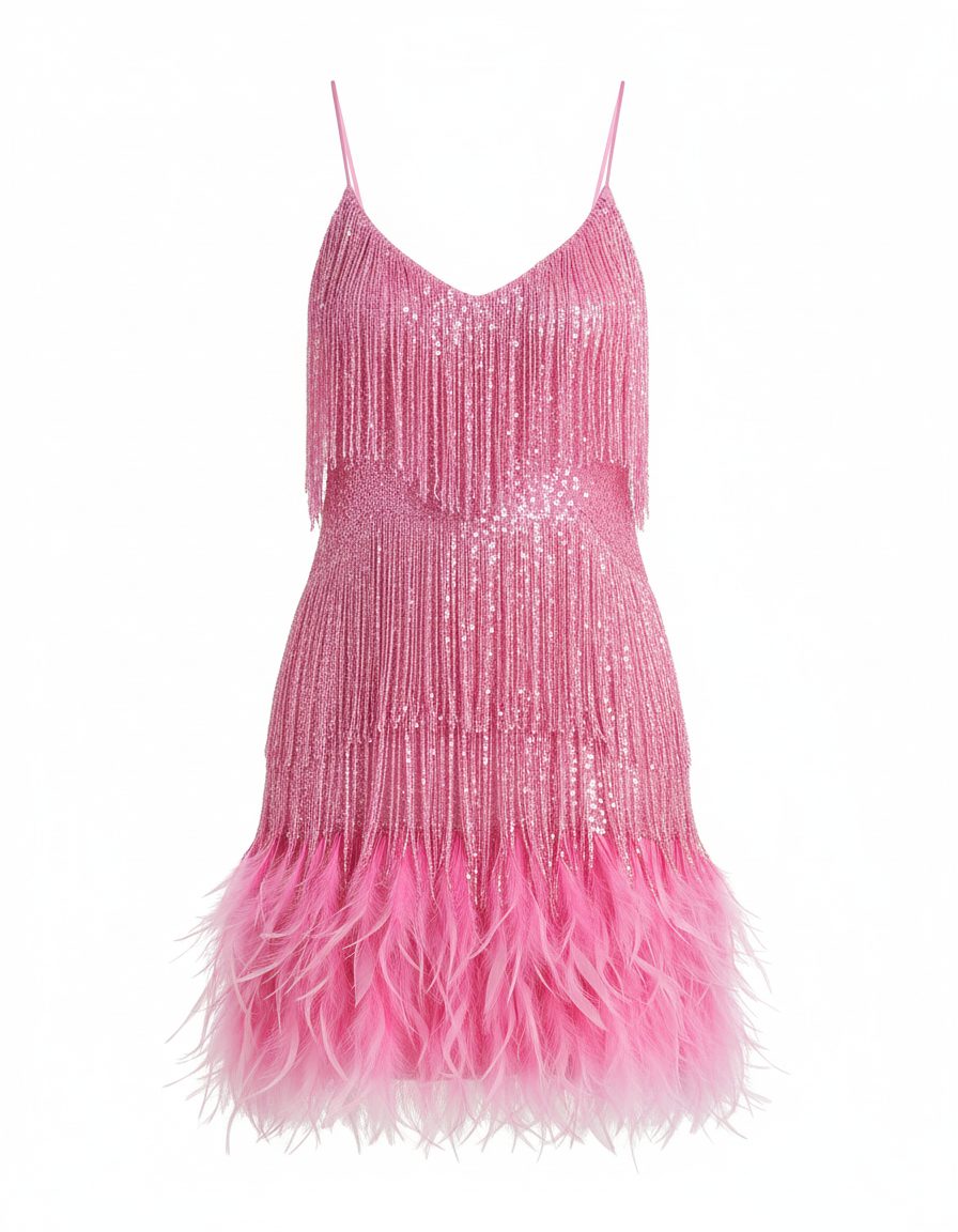 Sequin Fringe Mini Cocktail Dress for Women - Pink