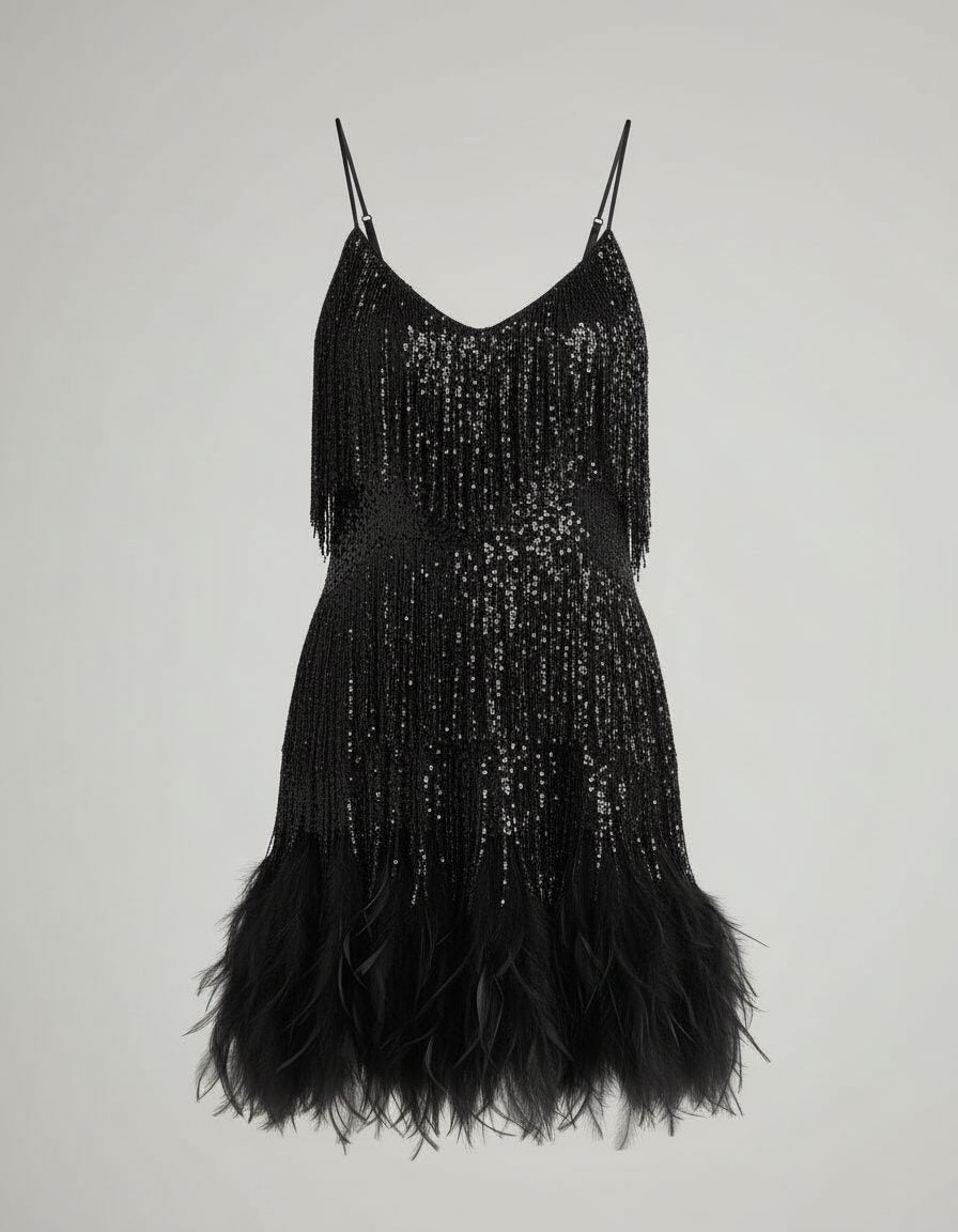 Sequin Fringe Mini Cocktail Dress for Women - Black