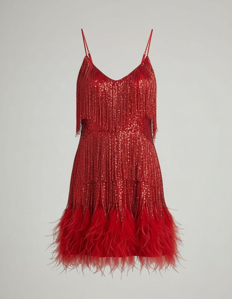 Sequin Fringe Mini Cocktail Dress for Women - Red