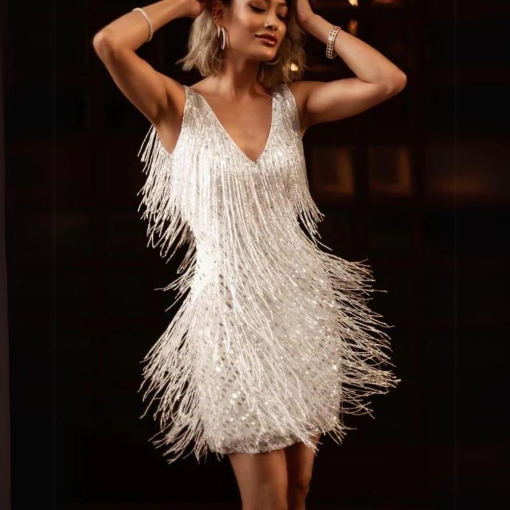 Sequin Fringe Mini Dress with V-Neck for Women