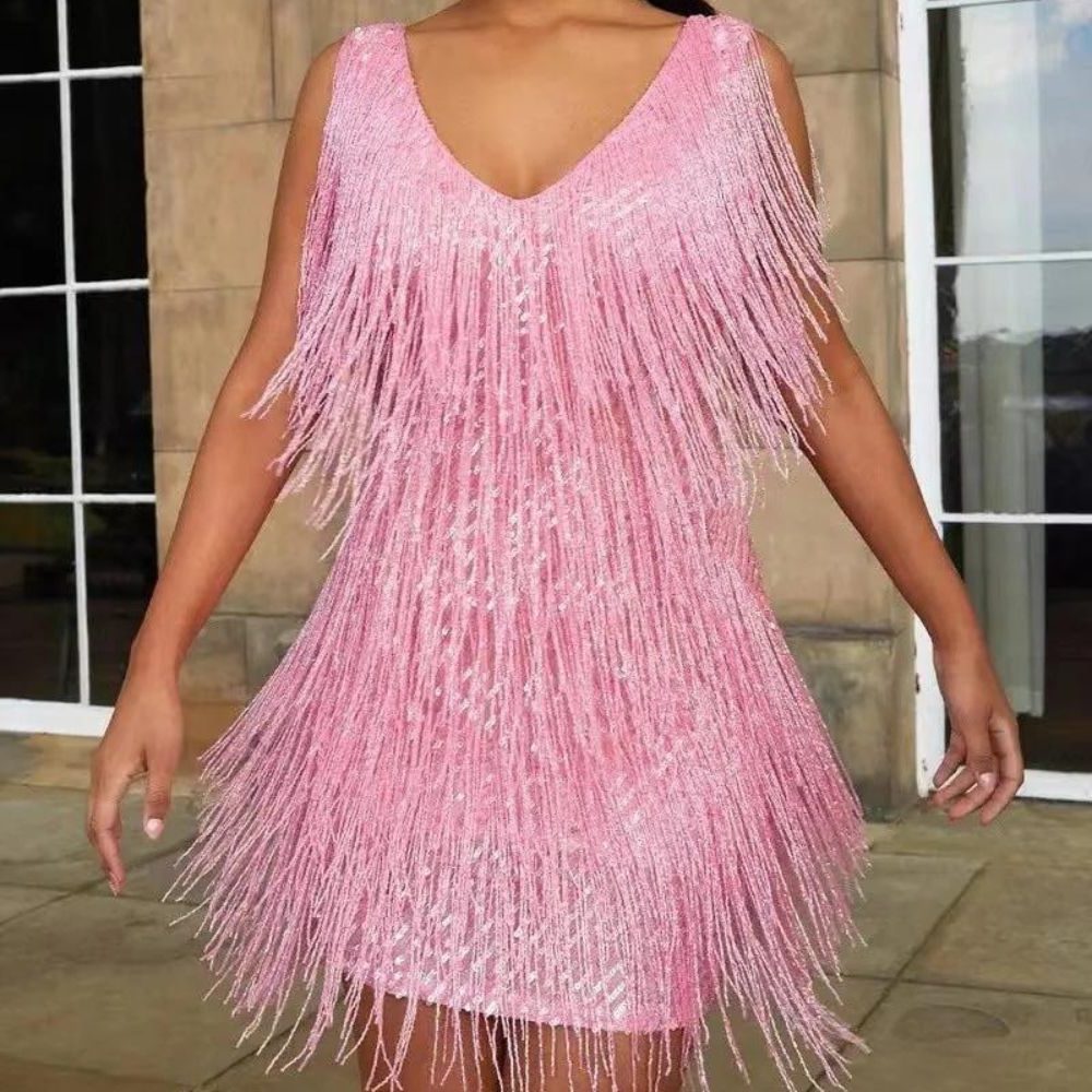 Sequin Fringe Mini Dress with V-Neck for Women - Pink
