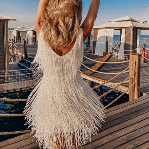 Sequin Fringe Mini Dress with V-Neck for Women - View 2
