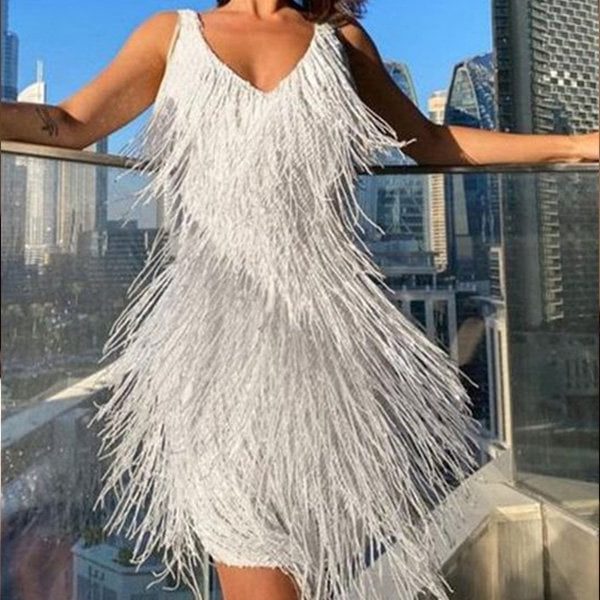 Sequin Fringe Mini Dress with V-Neck for Women - View 6
