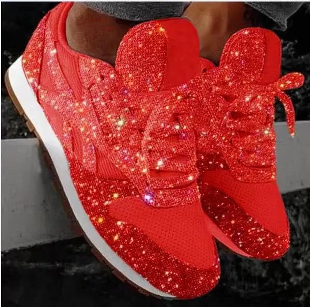 Sequin Glitter Lace-Up Sneakers for Women - Red