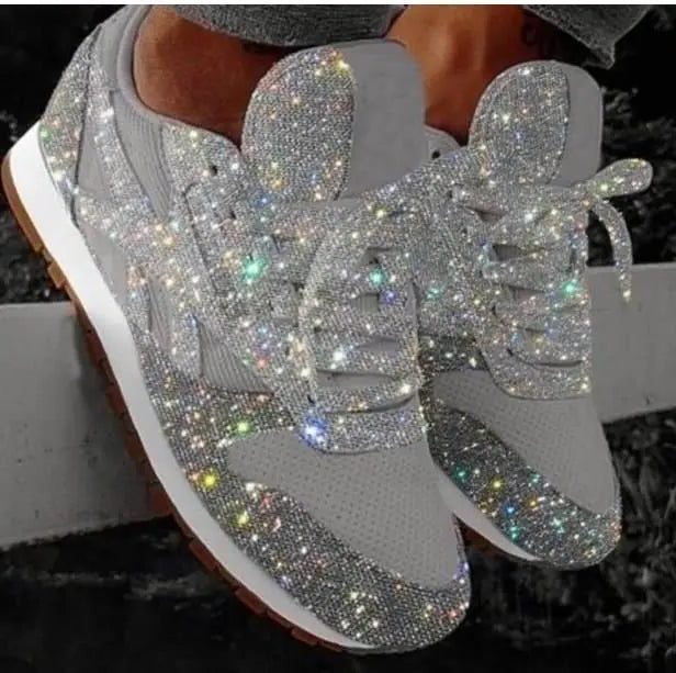 Sequin Glitter Lace-Up Sneakers for Women - Silver