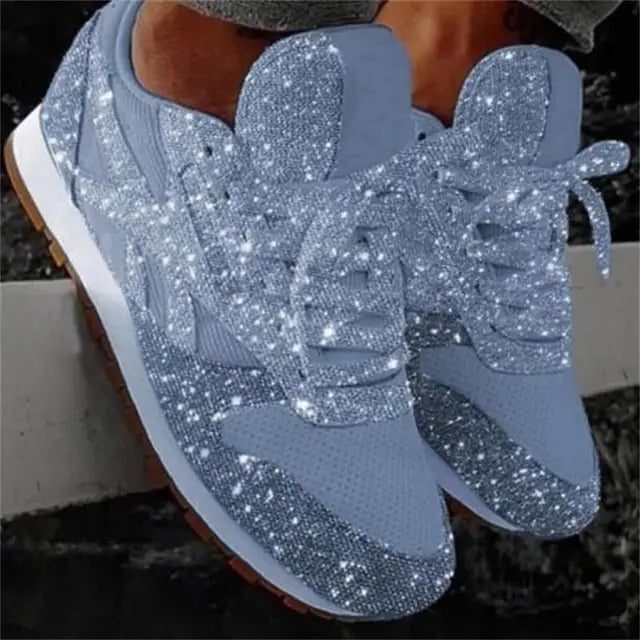 Sequin Glitter Lace-Up Sneakers for Women - Light Blue