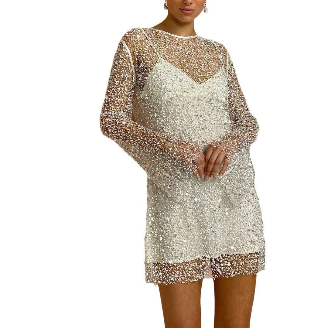 Sequin Mesh Cape Long Sleeve Mini Dress for Women - View 4
