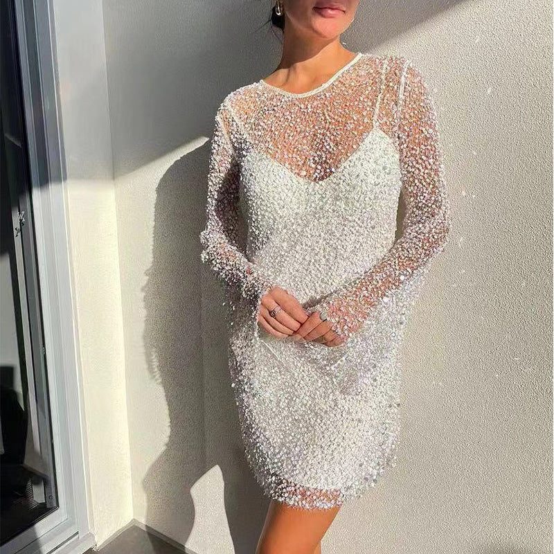 Sequin Midi Cocktail Dress with Long Sleeves for Women