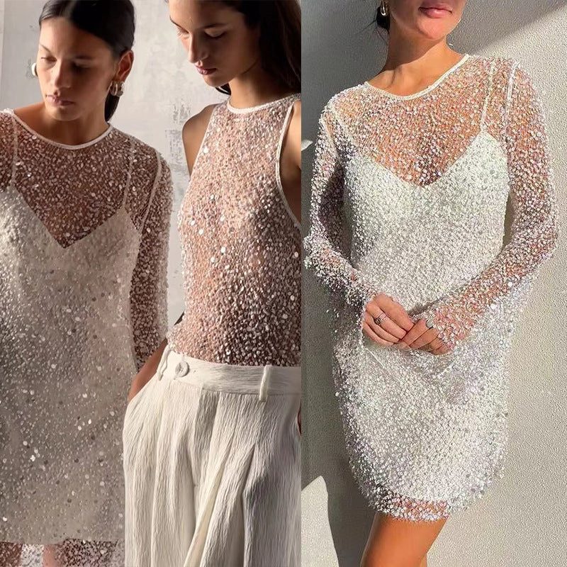 Sequin Midi Cocktail Dress with Long Sleeves for Women