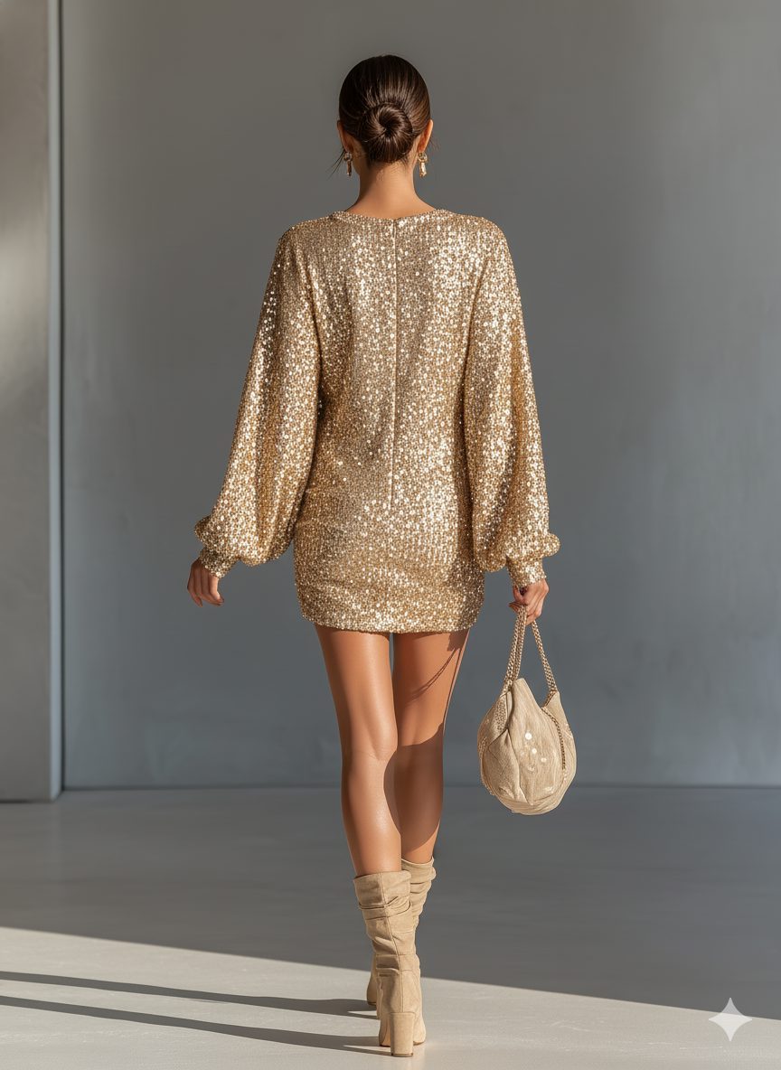 Sequin Mini Dress with Lantern Sleeves for Women - View 3