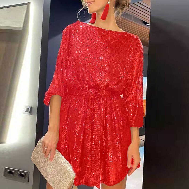 Sequin Mini Dress with Short Sleeves for Women - Red