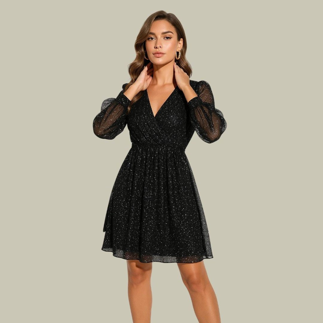 A-Line Sequin Mini Dress with V-Neck and Long Sleeves for Women