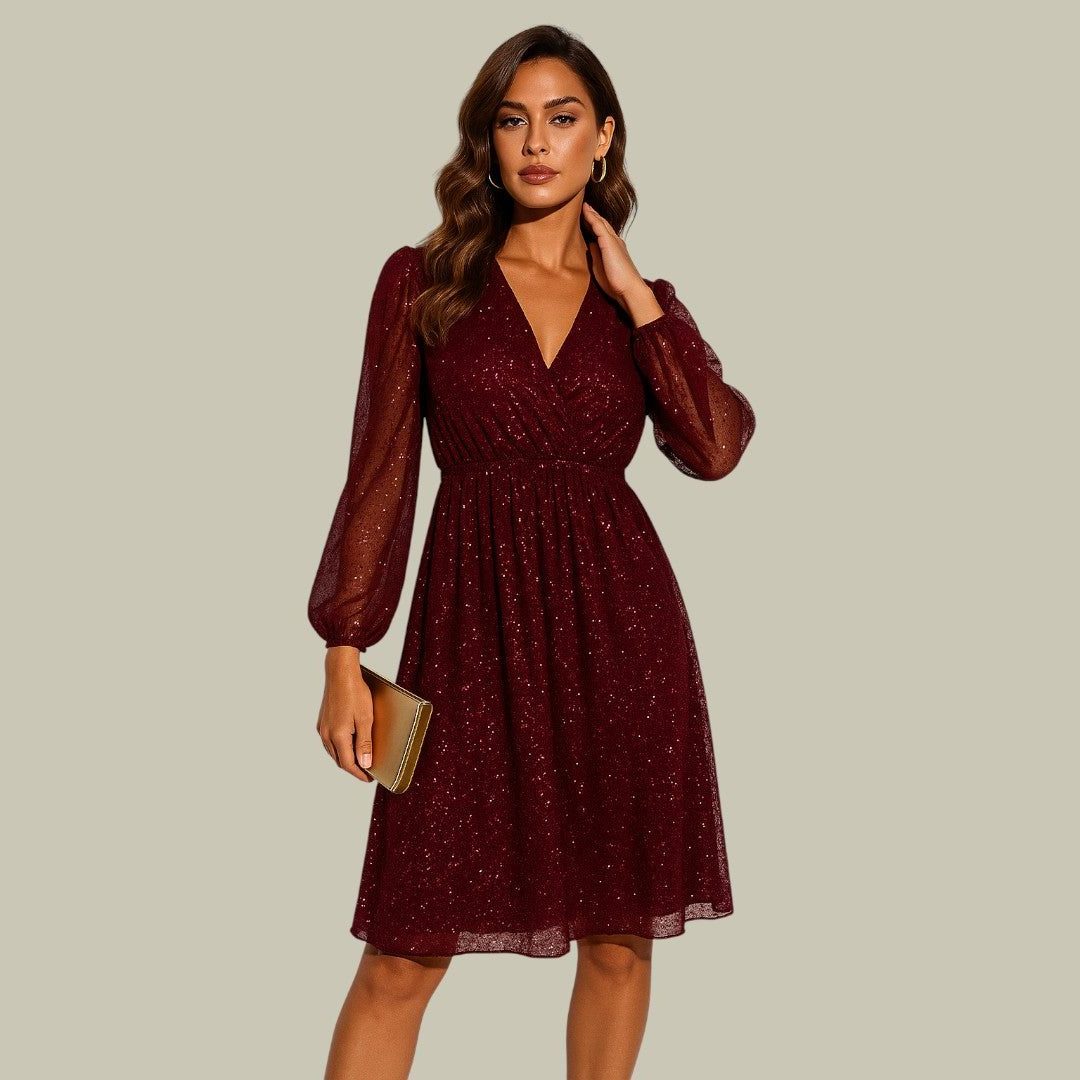 A-Line Sequin Mini Dress with V-Neck and Long Sleeves for Women