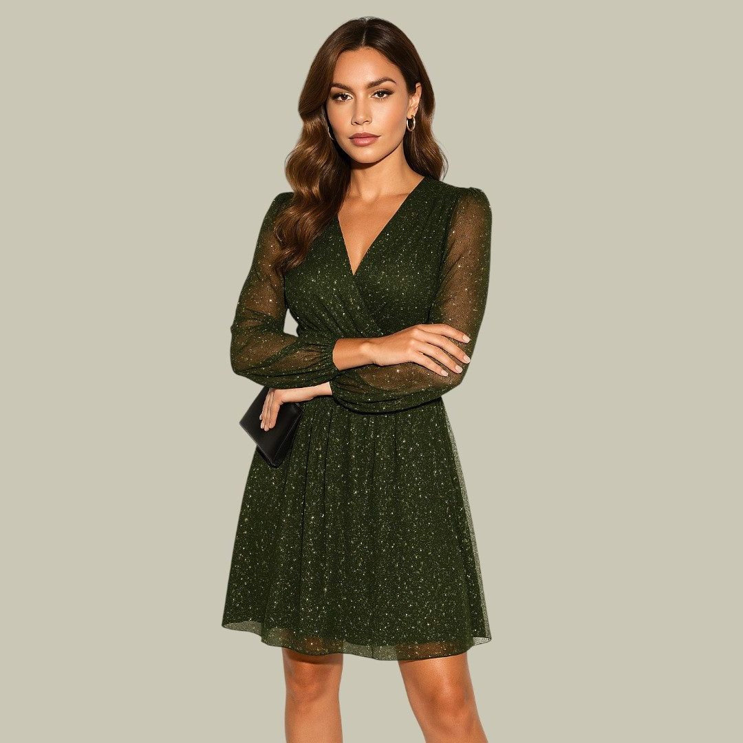 A-Line Sequin Mini Dress with V-Neck and Long Sleeves for Women
