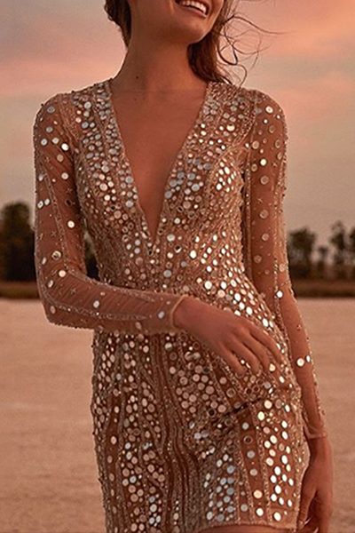 Sequin Mini Dress with V-Neck for Women