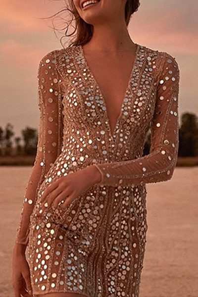Bodycon Sequin Mini Dress with V-Neck and Long Sleeves for Women