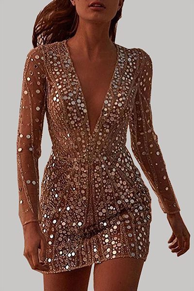 Bodycon Sequin Mini Dress with V-Neck and Long Sleeves for Women