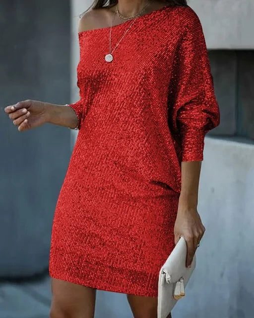 Sequin Off-Shoulder Dress for Women - Red