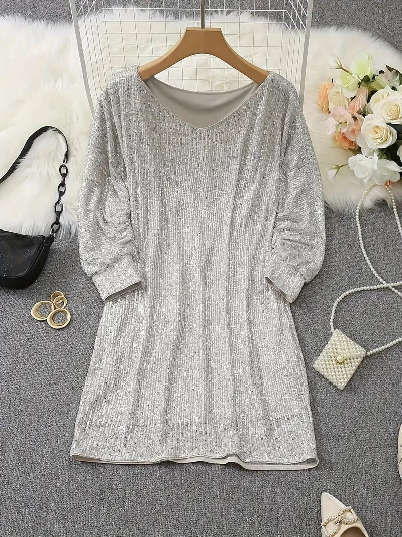 Sequin Off-Shoulder Dress with Three-Quarter Sleeves for Women - View 4