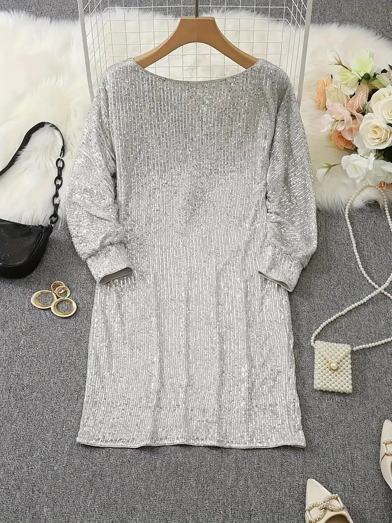 Sequin Off-Shoulder Dress with Three-Quarter Sleeves for Women - View 5