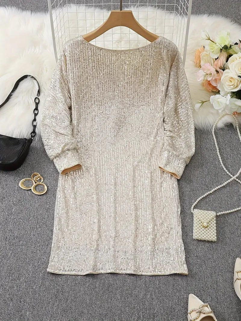 Sequin Off-Shoulder Dress with Three-Quarter Sleeves for Women - View 9