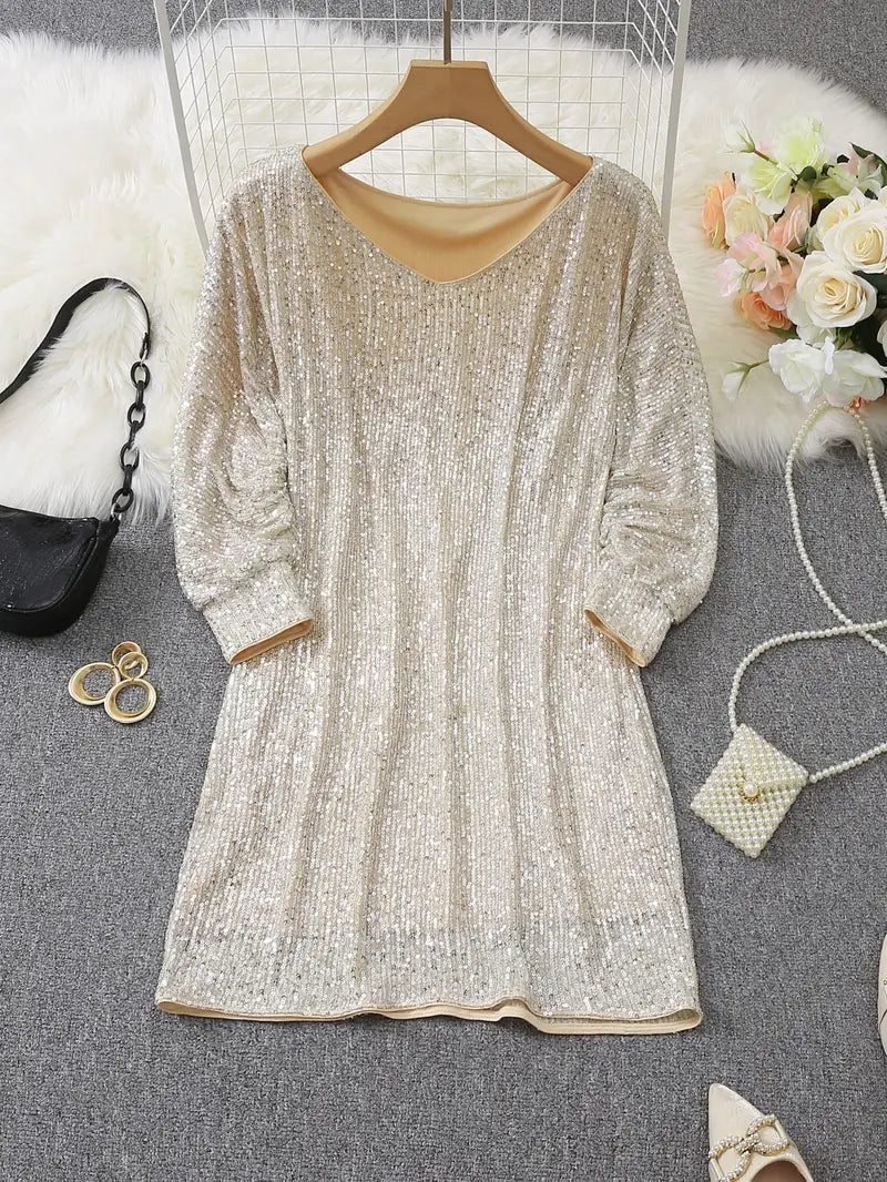 Sequin Off-Shoulder Dress with Three-Quarter Sleeves for Women - View 10