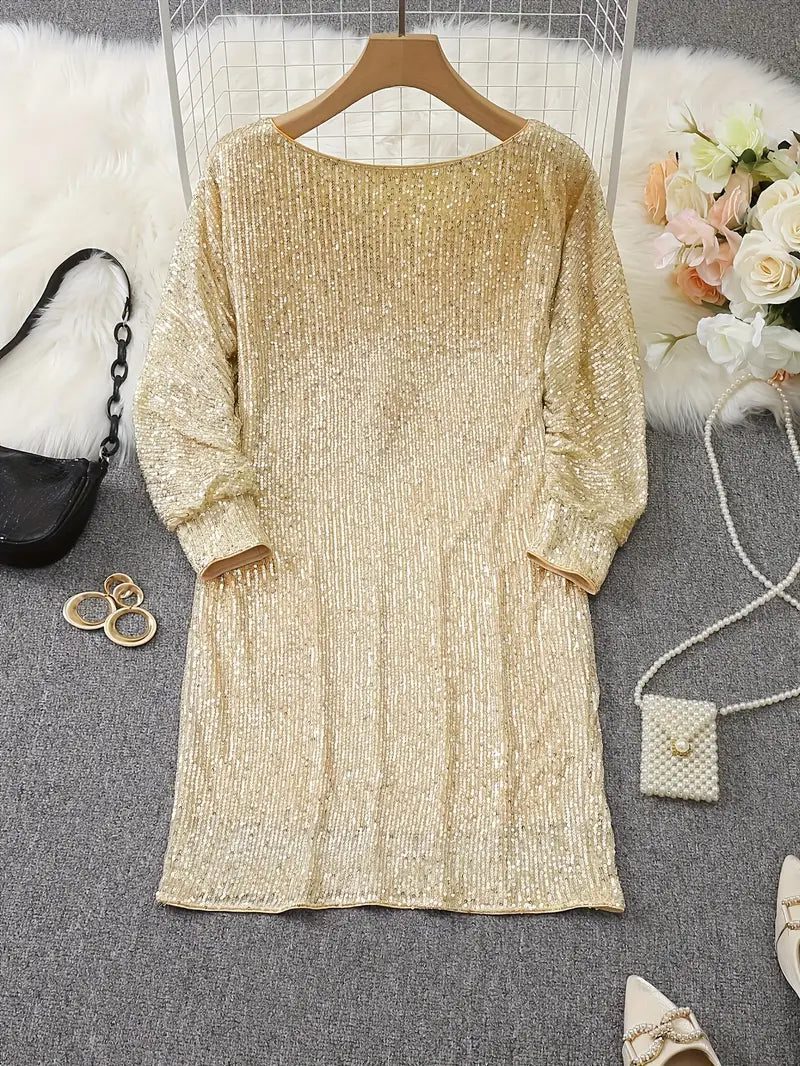 Sequin Off-Shoulder Dress with Three-Quarter Sleeves for Women - View 11
