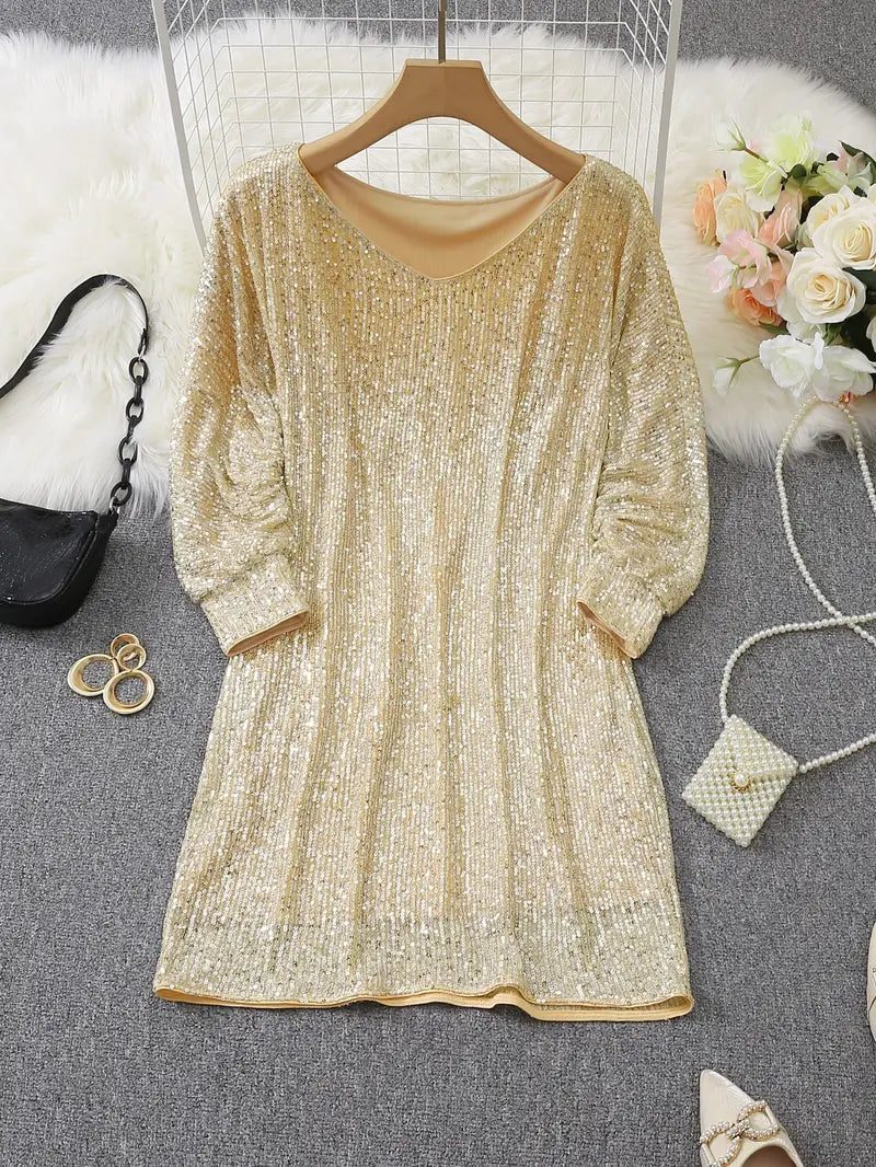 Sequin Off-Shoulder Dress with Three-Quarter Sleeves for Women - View 12