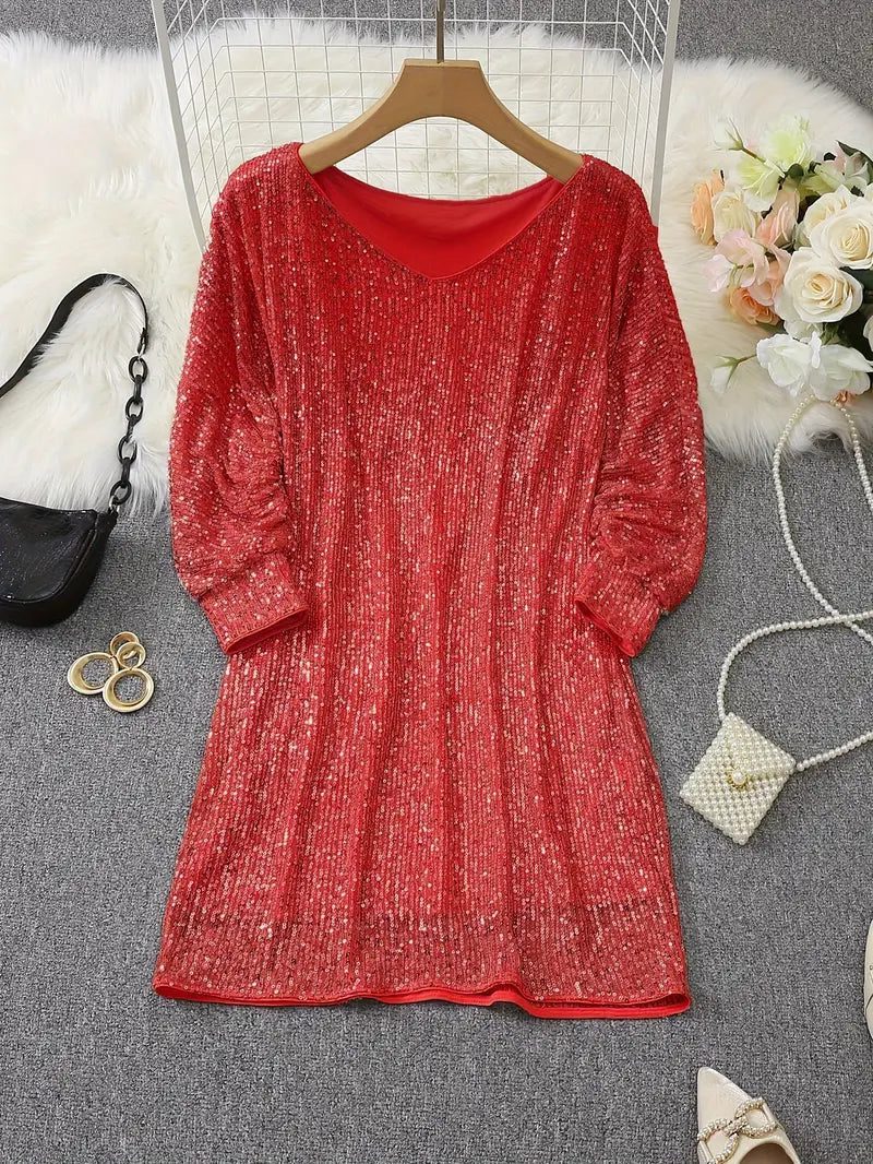 Sequin Off-Shoulder Dress with Three-Quarter Sleeves for Women - View 13