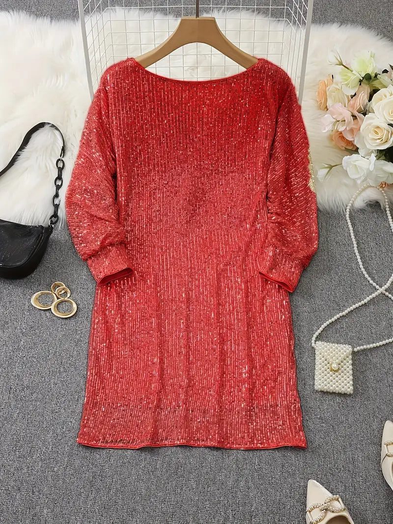 Sequin Off-Shoulder Dress with Three-Quarter Sleeves for Women - View 14
