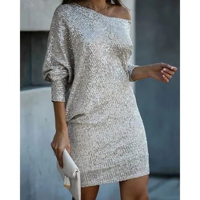 Sequin Off-Shoulder Dress with Three-Quarter Sleeves for Women - Silver