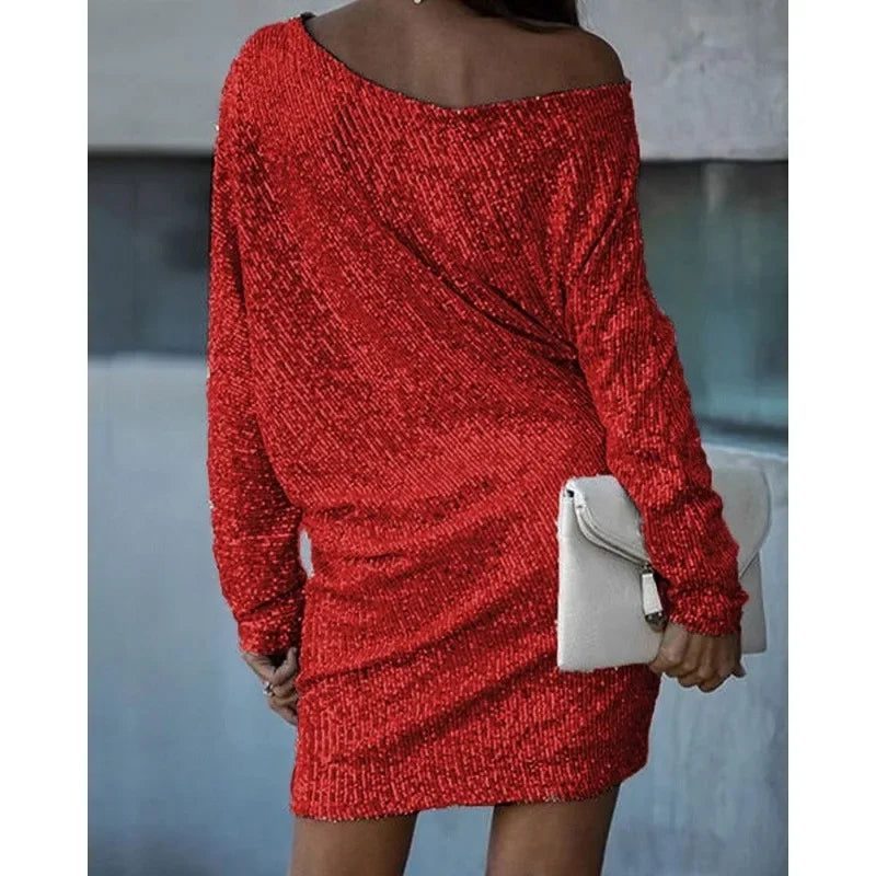 Sequin Off-Shoulder Dress with Three-Quarter Sleeves for Women - View 2