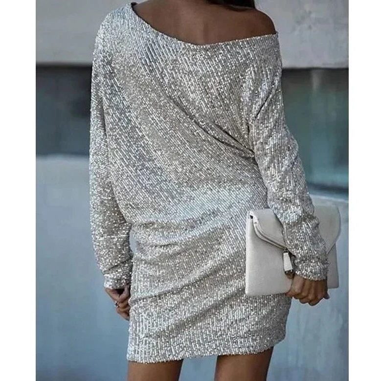 Sequin Off-Shoulder Dress with Three-Quarter Sleeves for Women - View 3
