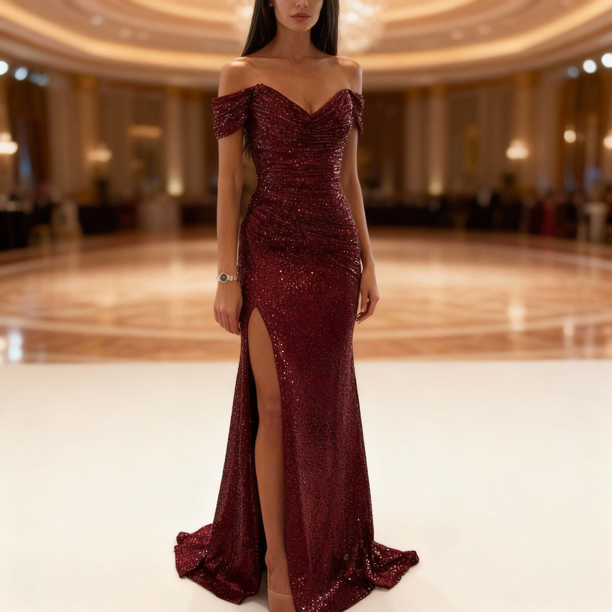 Sequin Off-Shoulder Maxi Dress with High Slit for Women