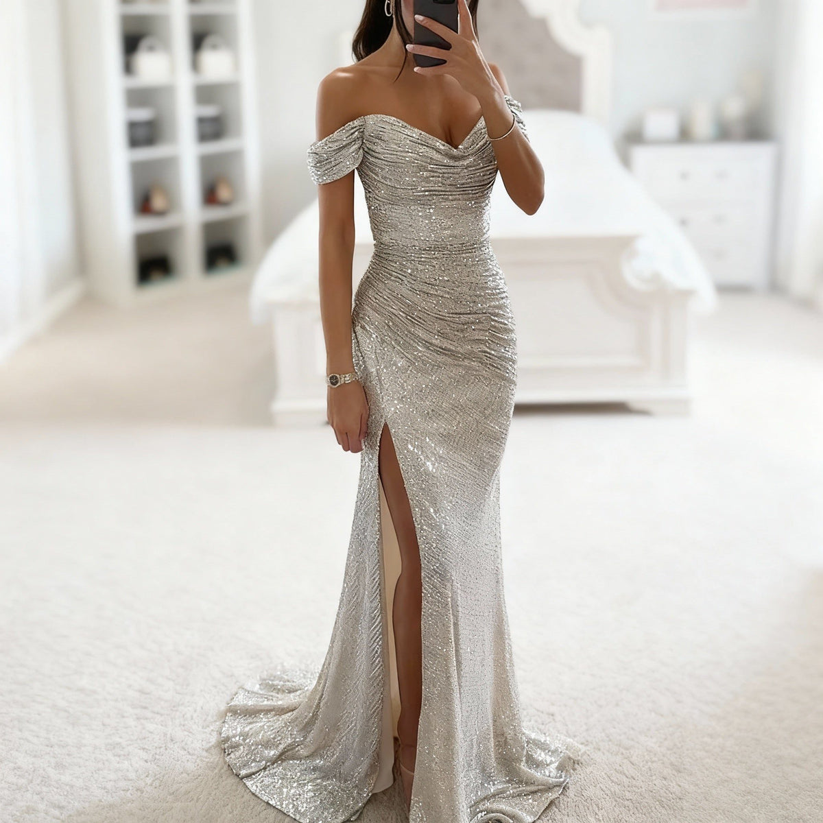 Sequin Off-Shoulder Maxi Dress with High Slit for Women - Silver