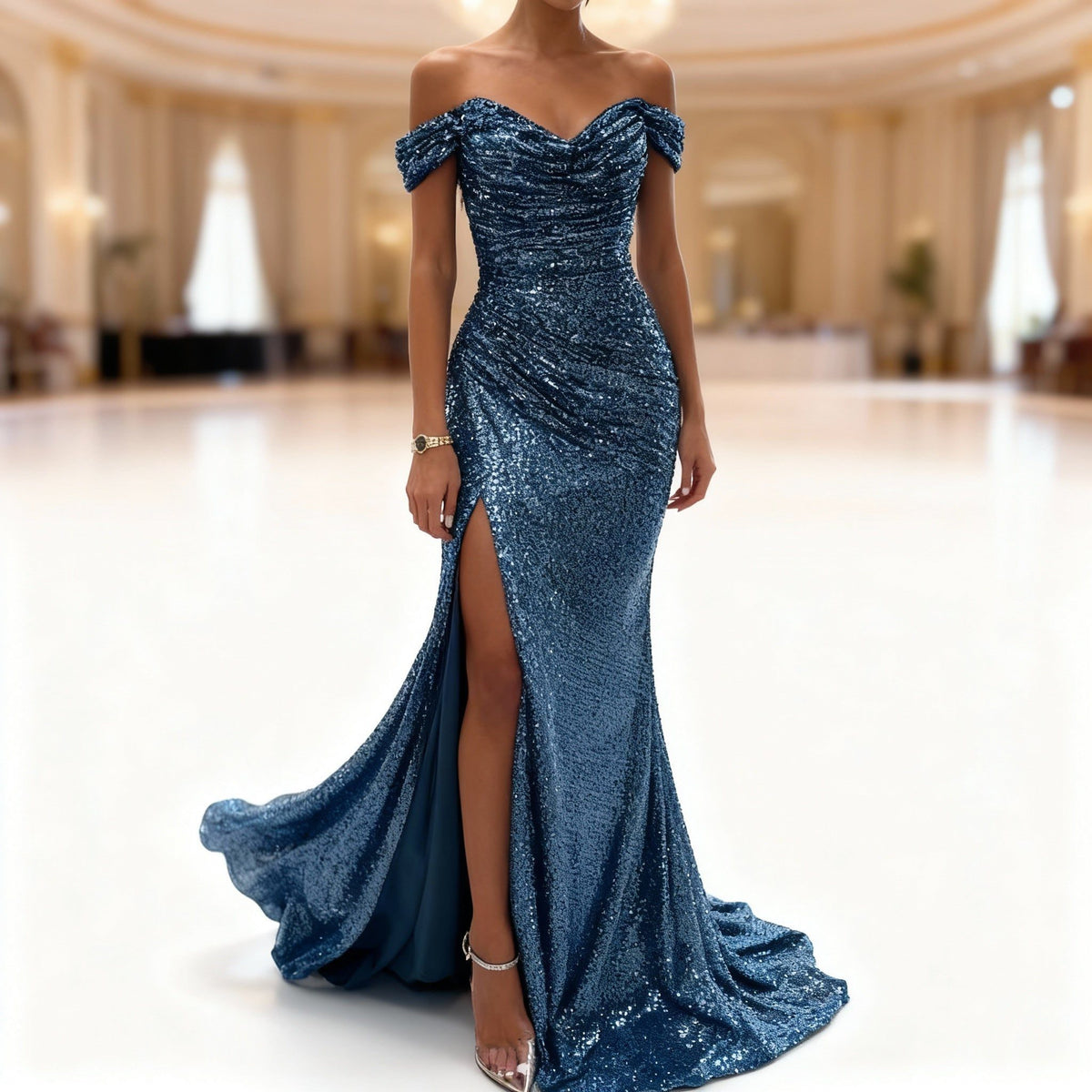 Sequin Off-Shoulder Maxi Dress with High Slit for Women - Peacock Blue