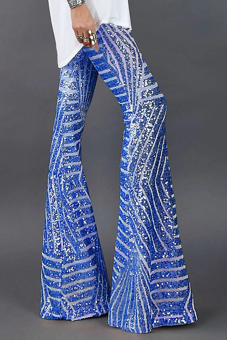 Sequin Wide Leg Flare Trousers for Women - Blue